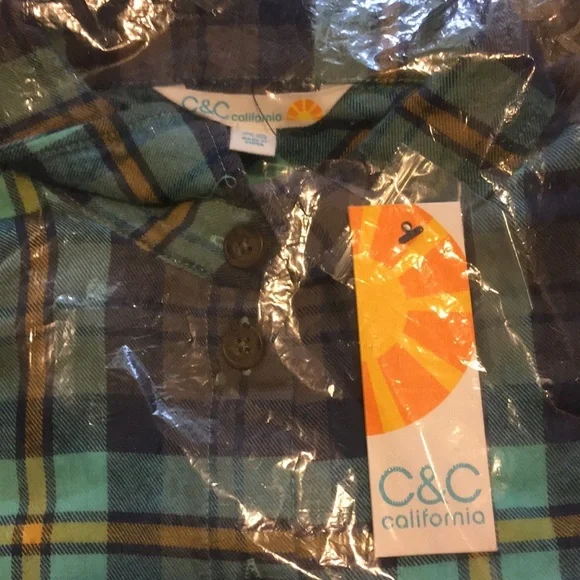 C & C California aqua & brown plaid flannel shirt XS - Picture 5 of 7